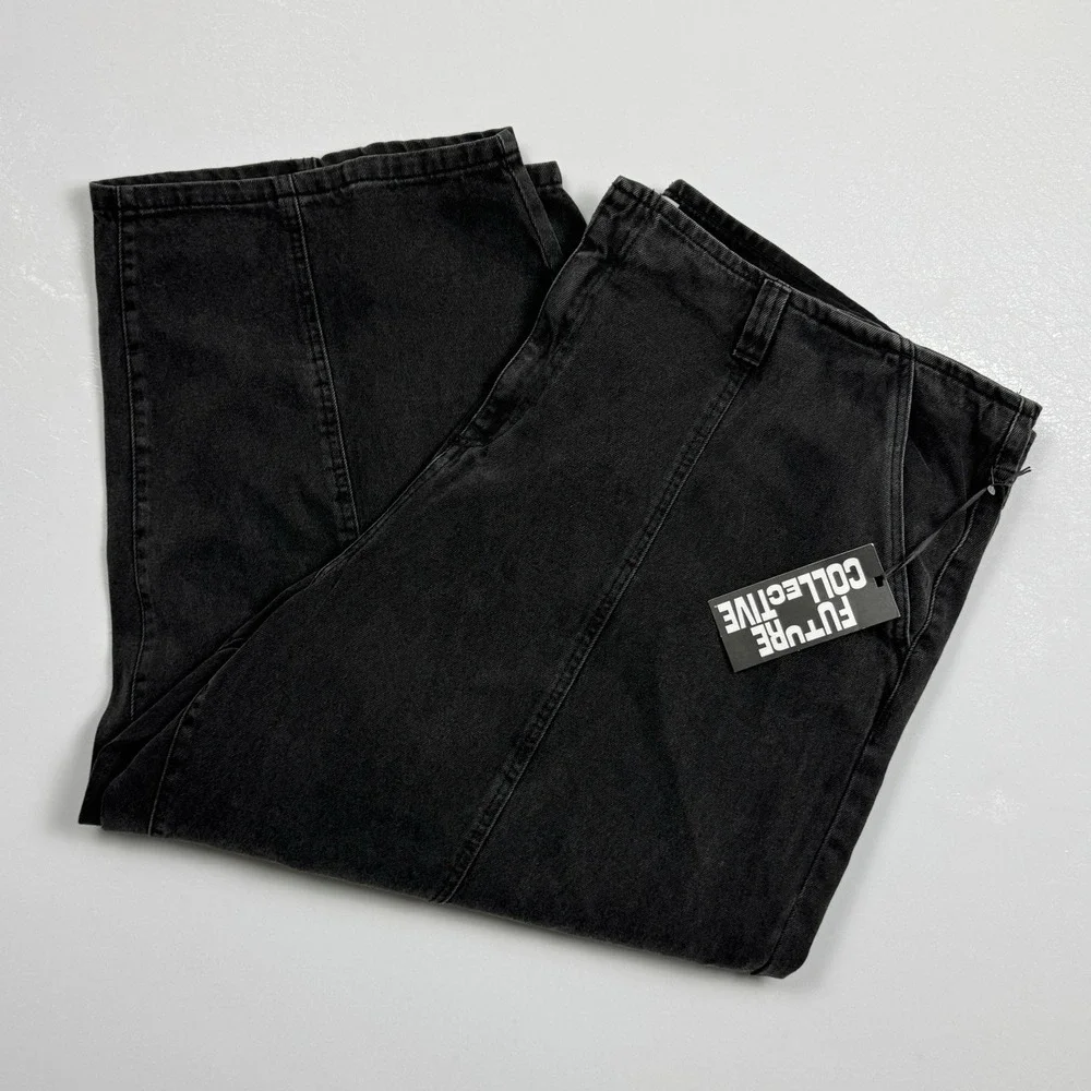 Future Collective Womens Barrel Leg‎ Jeans Black Wash High-rise Wide Leg Size 26